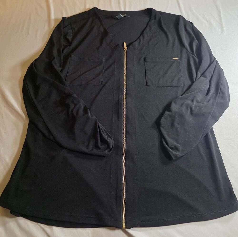 Ellen Tracy Black V-Neck Zipper Front 3/4 Sleeve Blouse Size L